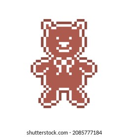 Pixel art gingerbread cookie bear decorated with white sugar icing, 8 bit food icon isolated on white background. Sweet spicy frosted biscuit. Edible ornament. Christmas dessert. Winter holiday pastry