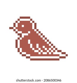 Pixel art gingerbread cookie bird decorated with white sugar icing, 8 bit food icon isolated on white background. Sweet spicy frosted biscuit. Christmas dessert ornament. Winter holiday pastry.