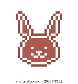 Pixel art gingerbread cookie bunny head decorated with white sugar icing, 8 bit food icon isolated on white background. Spicy frosted biscuit. Edible ornament. Christmas dessert. Winter holiday pastry