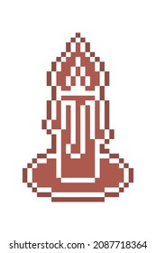 Pixel art gingerbread cookie burning candle decorated with white sugar icing, 8 bit food icon isolated on white background. Spicy frosted biscuit. Christmas dessert ornament. Winter holiday pastry.