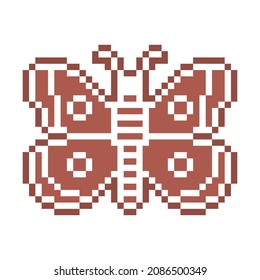 Pixel art gingerbread cookie butterfly decorated with white sugar icing, 8 bit food icon isolated on white background. Sweet spicy frosted biscuit. Christmas dessert ornament. Winter holiday pastry.