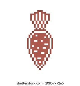 Pixel art gingerbread cookie carrot decorated with white sugar icing, 8 bit food icon isolated on white background. Spicy frosted biscuit. Edible ornament. Christmas dessert. Winter holiday pastry.