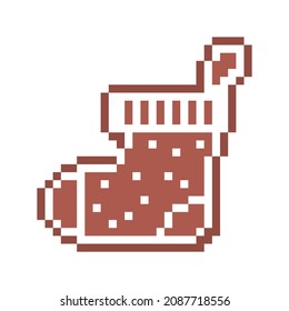 Pixel art gingerbread cookie Christmas stocking decorated with white sugar icing, 8 bit food icon isolated on white background. Sweet spicy frosted biscuit. Winter holiday pastry dessert ornament.