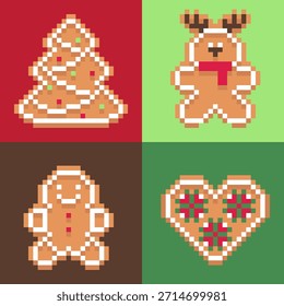 Pixel Art Navidades de galletas de jengibre sobre fondo colorido Ilustración vectorial