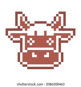 Pixel art gingerbread cookie cow head decorated with white sugar icing, 8 bit food icon isolated on white background. Sweet spicy frosted biscuit. Christmas dessert ornament. Winter holiday pastry.