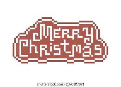 Pixel art gingerbread cookie decorated with sugar icing "Merry Christmas" text. 8 bit food icon isolated on white background. Festive chocolate biscuit dessert. Winter holiday pastry treat.