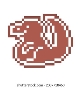 Pixel art gingerbread cookie dinosaur decorated with white sugar icing, 8 bit food icon isolated on white background. Sweet spicy frosted biscuit. Christmas dessert ornament. Winter holiday pastry.