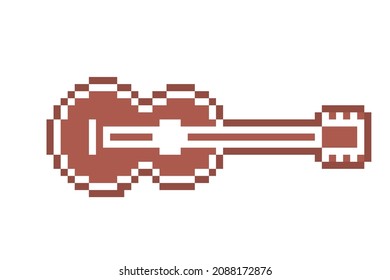 Pixel art gingerbread cookie guitar decorated with white sugar icing, 8 bit food icon isolated on white background. Sweet spicy frosted biscuit. Christmas dessert ornament. Winter holiday pastry.