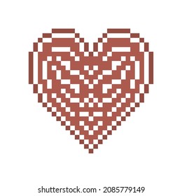 Pixel art gingerbread cookie heart decorated with white sugar icing, 8 bit food icon isolated on white background. Sweet spicy frosted biscuit. Edible ornament. Christmas dessert.Winter holiday pastry
