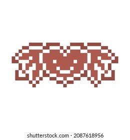 Pixel art gingerbread cookie heart with wings decorated with white sugar icing, 8 bit food icon isolated on white background. Spicy frosted biscuit. Christmas dessert ornament. Winter holiday pastry.