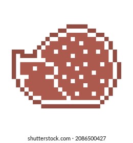 Pixel art gingerbread cookie hedgehog decorated with white sugar icing, 8 bit food icon isolated on white background. Sweet spicy frosted biscuit. Christmas dessert ornament. Winter holiday pastry.
