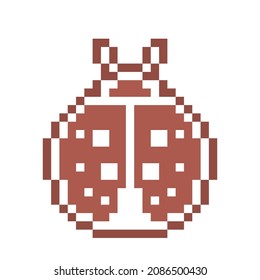 Pixel art gingerbread cookie ladybug decorated with white sugar icing, 8 bit food icon isolated on white background. Sweet spicy frosted biscuit. Christmas dessert ornament. Winter holiday pastry.