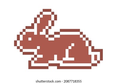 Pixel art gingerbread cookie rabbit decorated with white sugar icing, 8 bit food icon isolated on white background. Sweet spicy frosted biscuit. Christmas dessert ornament. Winter holiday pastry.