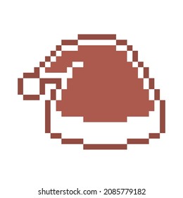Pixel art gingerbread cookie Santa's hat decorated with white sugar icing, 8 bit food icon isolated on white background. Frosted biscuit. Edible ornament. Winter holiday pastry. Christmas dessert.