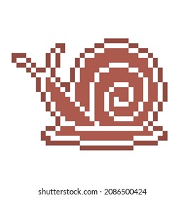 Pixel art gingerbread cookie snail decorated with white sugar icing, 8 bit food icon isolated on white background. Sweet spicy frosted biscuit. Christmas dessert ornament. Winter holiday pastry.