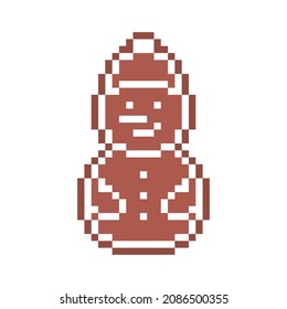 Pixel art gingerbread cookie snowman in a hat decorated with white sugar icing, 8 bit food icon isolated on white background. Spicy frosted biscuit. Christmas dessert ornament. Winter holiday pastry.