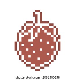 Pixel art gingerbread cookie strawberry decorated with white sugar icing, 8 bit food icon isolated on white background. Sweet spicy frosted biscuit. Christmas dessert ornament. Winter holiday pastry.