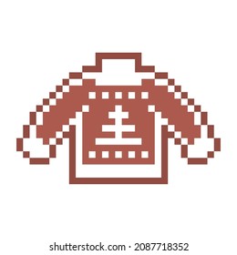 Pixel Art Gingerbread Cookie Ugly Sweater Decorated With White Sugar Icing, 8 Bit Food Icon Isolated On White Background. Sweet Spicy Frosted Biscuit. Christmas Dessert Ornament. Winter Holiday Pastry