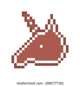 Pixel art gingerbread cookie unicorn head decorated with white sugar icing, 8 bit food icon isolated on white background. Frosted biscuit. Edible ornament. Cute Christmas dessert.Winter holiday pastry