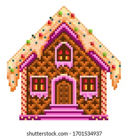 pixel art gingerbread sweet house on a white background. Vector illustration