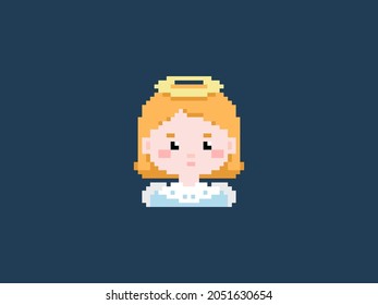 Pixel art girl angel with a halo. Vector 8 bit style retro illustration of winter princess angerl girl. Isolated winter avatar.
