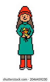 Pixel art girl in a beanie hat, sweater dress and rubber boots with an autumn leaves bouquet isolated on white. Fall walk 8 bit character. Vintage retro 2d computer, video game, slot machine graphics.