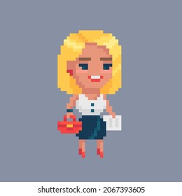 Pixel art girl character. Blonde girl in casual clothes. Vector illustration.