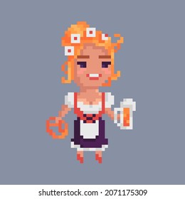 Pixel art girl character. A female waiter holds a mug of beer and a pretzel. Vector illustration.