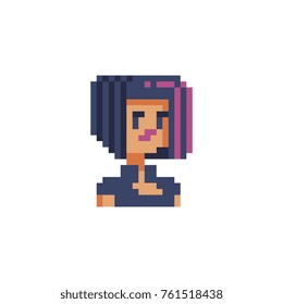 Pixel art girl character. Flat style. Female avatar profile picture. Knitting design. 8-bit. Isolated vector illustration. 