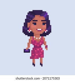 Pixel art girl character.Beautiful woman in evening dress . Vector illustration.