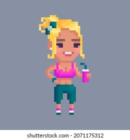 Pixel art girl character.Fitness girl with a protein shake . Vector illustration.