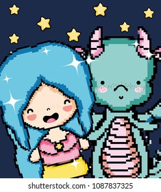 Pixel art girl and dragon