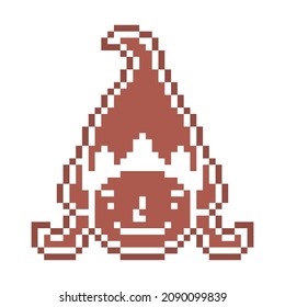 Pixel art girl elf head in a hat , gingerbread cookie decorated with white sugar icing, 8 bit food icon isolated on white background. Frosted biscuit. Christmas dessert. Winter holiday pastry.