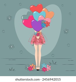 Pixel art girl with heart balloons in pink and magenta hues