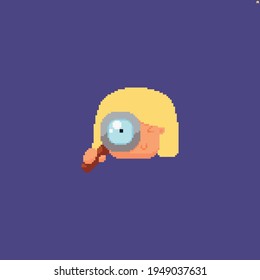 Pixel art girl looking through magnifying glass