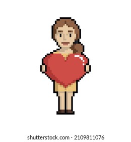 Pixel art girl in love with heart on a white background.