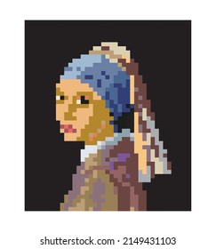 Pixel Art Girl with a pearl earring. Portrait of woman. Creative redrawing artwork, crypto art, modern digital pixelated canvas. World's Most Famous Painting. Vector illustration on black background