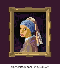 Pixel Art Girl with a pearl earring in frame. Creative redrawing artwork, crypto art, modern digital pixelated canvas, NFT nonfungible token. World's Most Famous Painting. Vector illustration