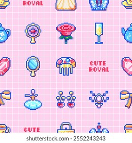 Pixel art girlish princess seamless pattern. Vector background with cute royal elements: crown, rose, mirror, champagne, bow, earrings, perfume, and pink grid texture