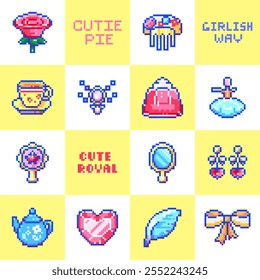 Pixel art girlish seamless pattern. Vector background with cute royal elements: rose, bow, teacup, earrings, comb, mirror, heart, feather, teapot, perfume, and yellow squares