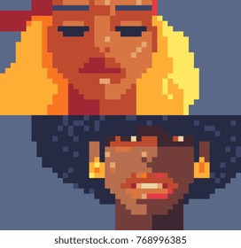 Pixel art girls characters. Blonde and woman with afro. Game assets. 8-bit. Isolated abstract vector illustration.