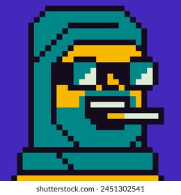 Pixel art glad guy face in protective clothing glasses and cigarette, 8-bit man, avatar male funny character, cartoon vector icon, game user or web profile person, people, social net portrait