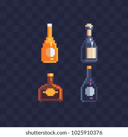 Pixel art glass bottle wine cognac champagne icons alcoholic beverage isolated vector illustration. 8-bit sprite. Design for stickers, logo alcohol shop, mobile app. Game assets.