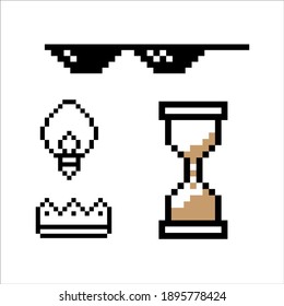 pixel art glasses, crown, light bulb icons.