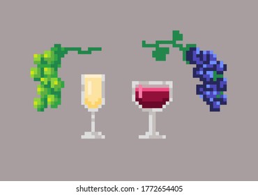 Gafas de arte de piano de vino con racimo de uvas. Icono con píxeles sobre fondo aislado. Ilustración vectorial.