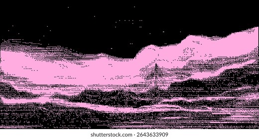Pixel Art Glitch Background with Noise and Retro Landscape
