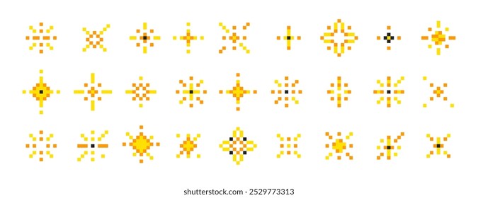 Pixel art glitter stars set in 8bit retro style. Pixelated sparkles or firework bursts. Sparkling elements, shiny sparks vector illustration. Collection of simple minimal yellow twinkle shining icons