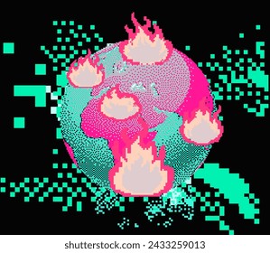 Pixel art of a globe in a fire flame. Concept of web security and global network.