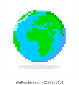 Pixel art of Globe. Pixelated world map in blue and green. 