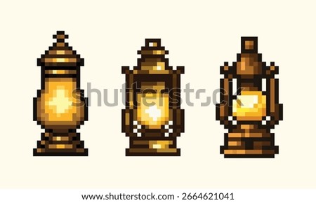 Pixel Art Glowing Lantern Sprite Set. A set of three detailed pixel art sprites, each featuring a different design of a glowing vintage or fantasy-style lantern.